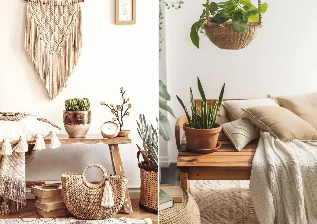 Boho styl: jak uniknąć przesytu dekoracjami? Makrama, plecione kosze i rośliny tworzą przytulną atmosferę, ale kluczem jest umiar.
