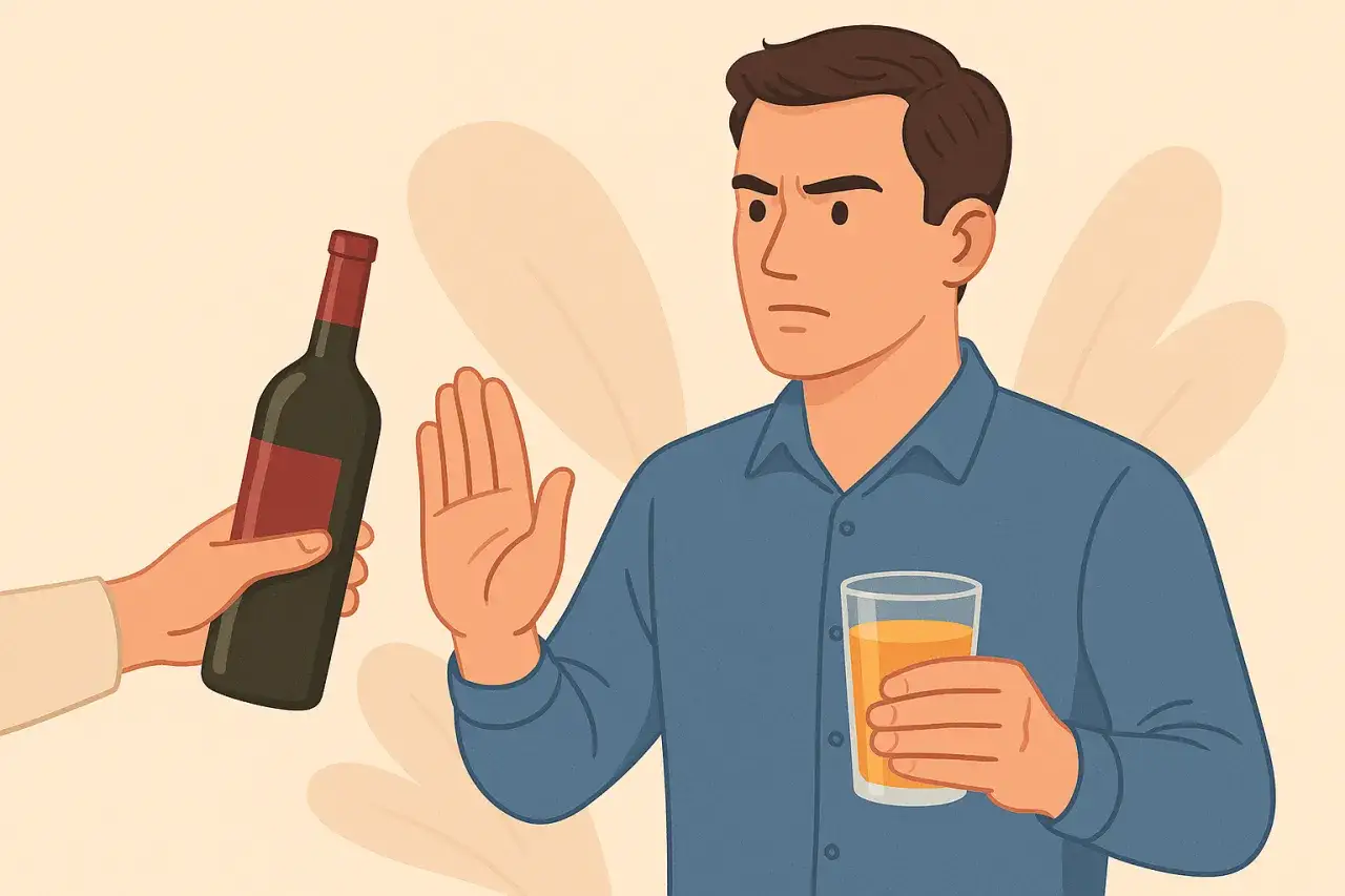 Mężczyzna z napojem w szklance odmawia podanej butelki wina, pokazując, jak odmówić spotkania z alkoholem.