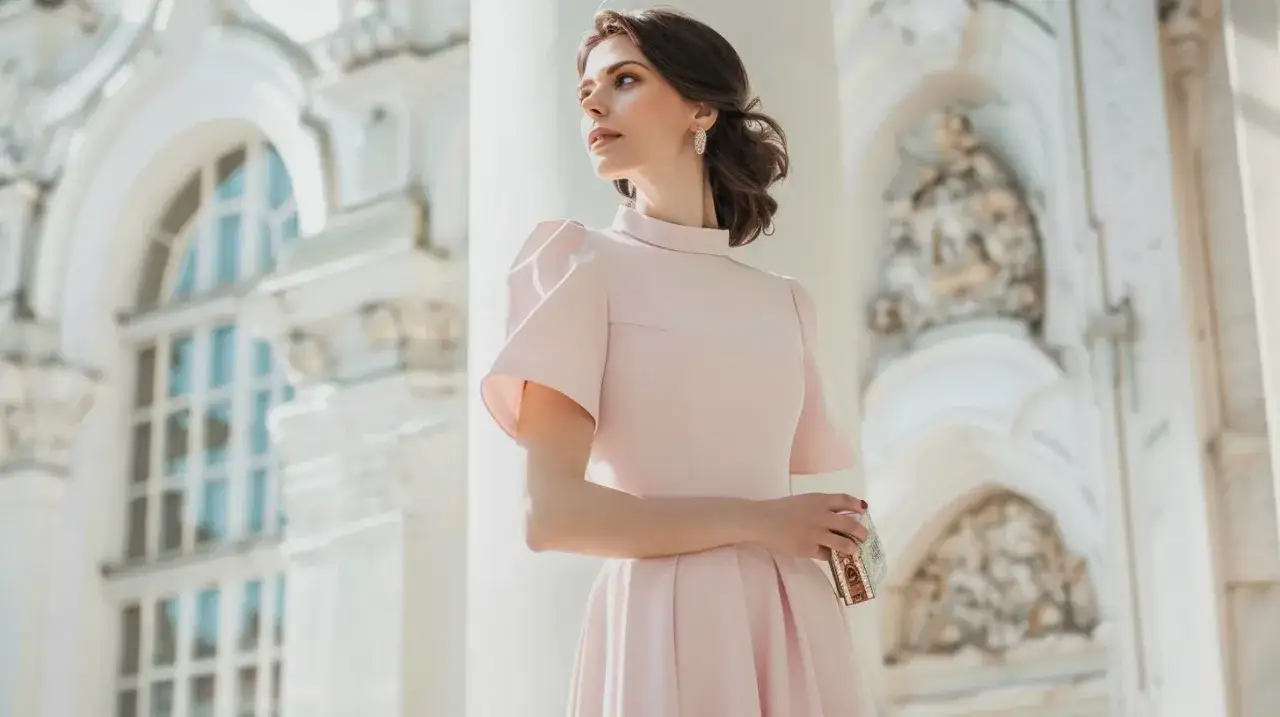 Elegancka kobieta w pudrowej sukience, idealna odpowiedź na pytanie co ubrac na chrzest jako gosc.