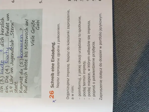 Ćwiczenie 26: Jak napisać zaproszenie na urodziny po niemiecku? Podano przykładowe zdania i wskazówki do stworzenia zaproszenia.