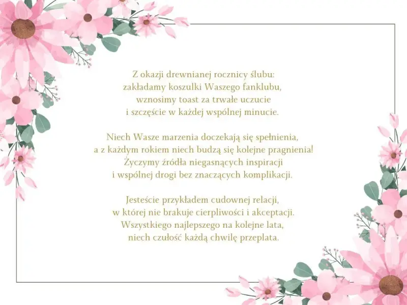 Oryginalne życzenia na rocznicę ślubu z kwiatową ramką. Życzenia o spełnieniu marzeń, inspiracji i wspólnej drogi.