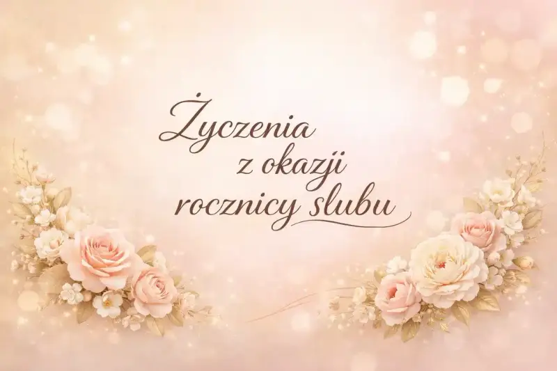 Delikatne, pastelowe róże i napisy "Życzenia z okazji rocznicy ślubu" tworzą romantyczną kartkę.