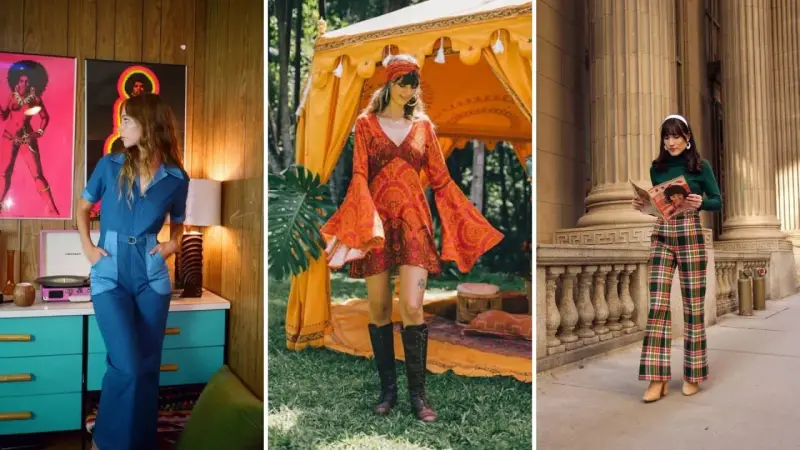 Kobiety w stylizacjach inspirowanych modą damską lat 70.: dżinsowy kombinezon, sukienka w stylu boho i kraciaste dzwony.
